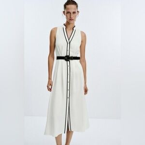 ZARA White Midi Dress w Contrast Trim & Belt L NWT